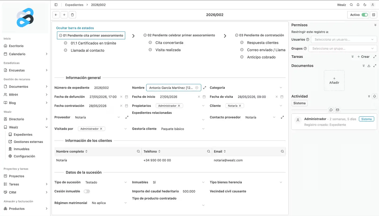 Panel de gestión de expedientes de Hub by Wealz